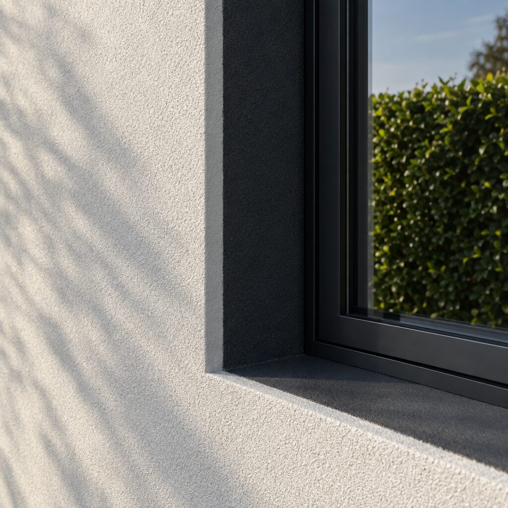 Corner detail of a rendered facade meeting an anthracite window reveal