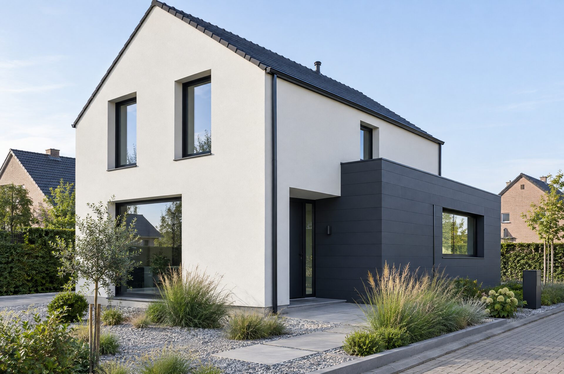 Modern house with a finished external wall insulation facade in warm white render and anthracite cladding
