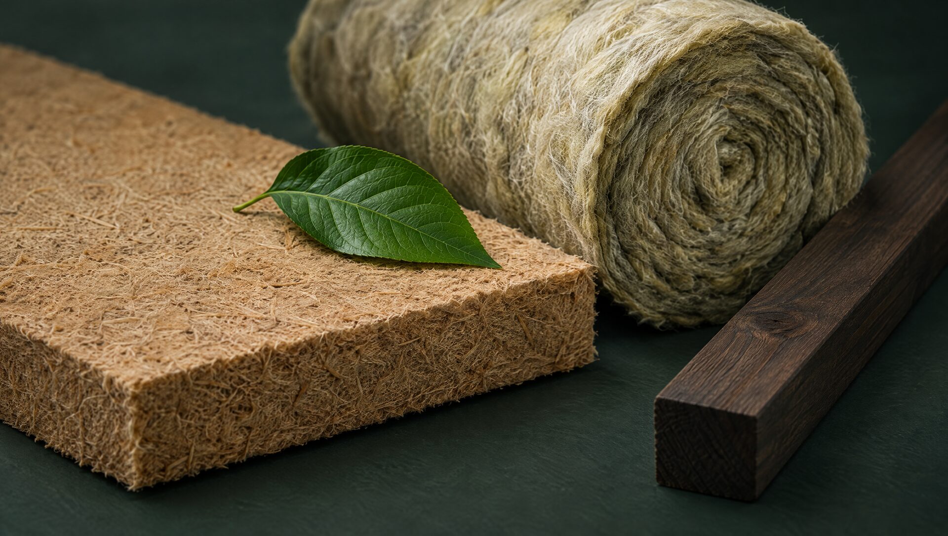 Wood fibre insulation board and a roll of mineral wool with a fresh green leaf resting on them