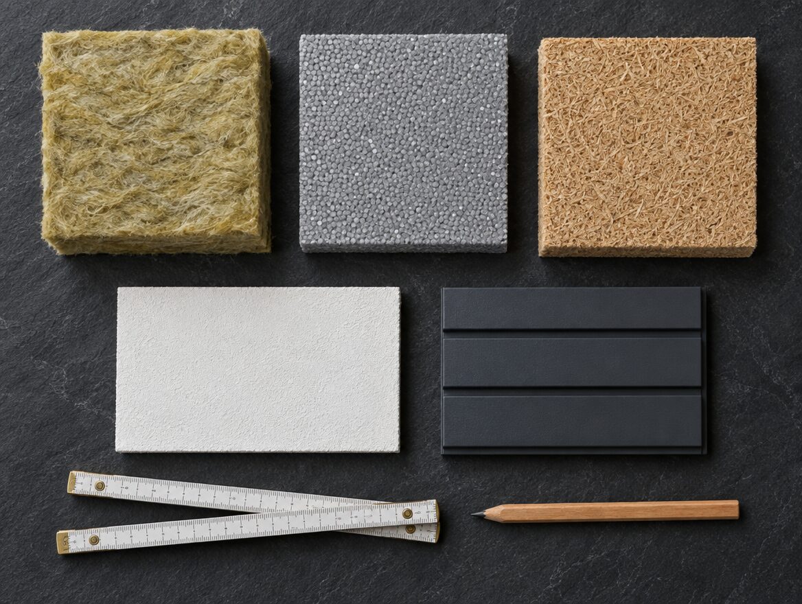 Insulation samples on a slate surface: mineral wool, EPS board, wood fibre board, render and cladding samples