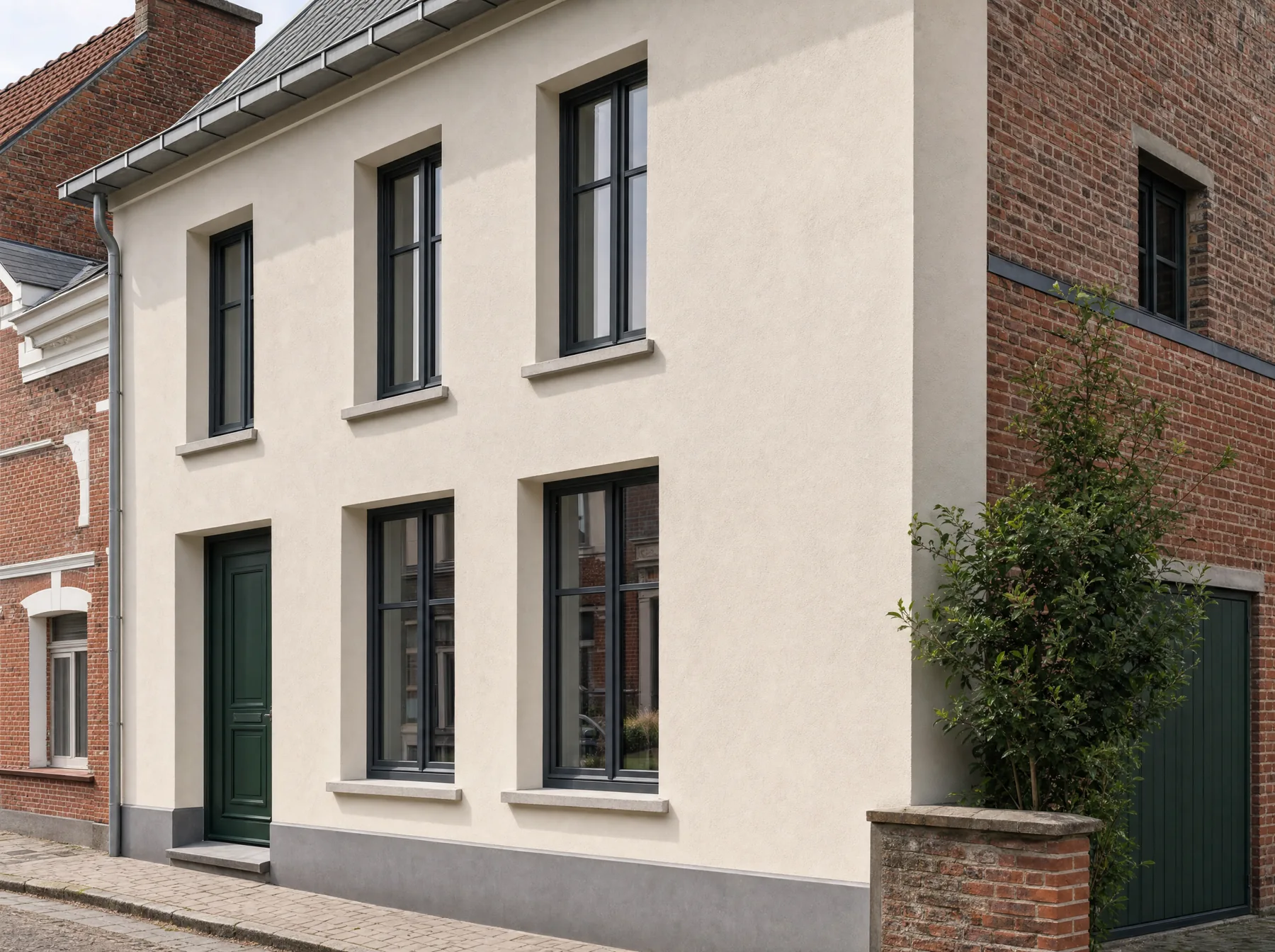 Illustrative Belgian façade with a clean mineral-render finish