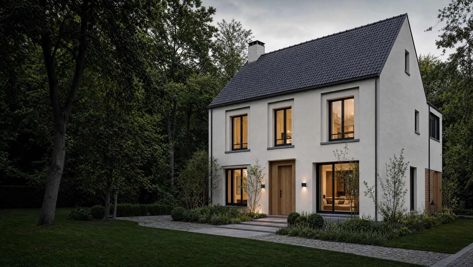 Illustrative renovated Belgian house with a refined façade and dark pitched roof