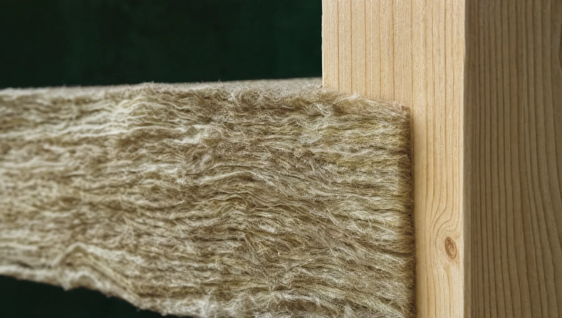 Illustrative close-up of layered insulation fibres and timber