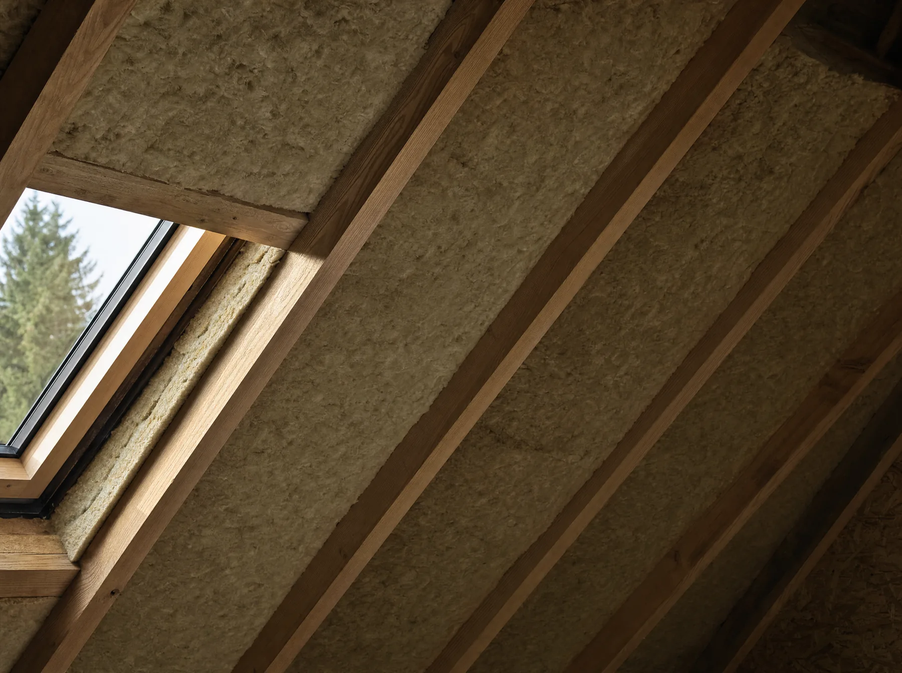 Illustrative close-up of mineral wool fitted between timber roof rafters