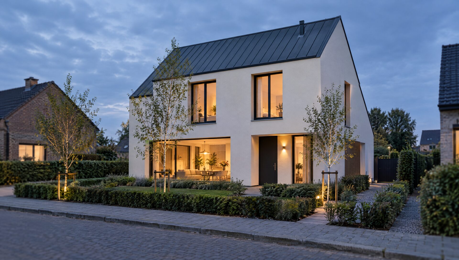 Renovated Belgian house at dusk with an insulated render facade
