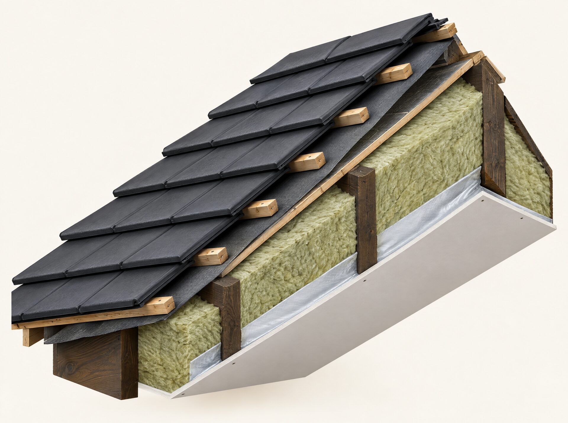 Cutaway of a pitched roof showing its insulation layers