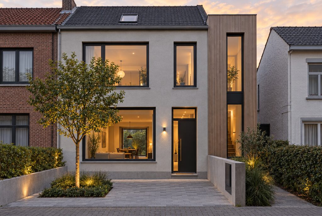 Rendered facade and timber extension
